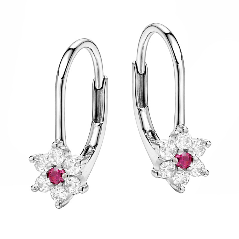 Kolczyki dla dziewczynki kwiatki z czerwoną cyrkonią, srebro 925