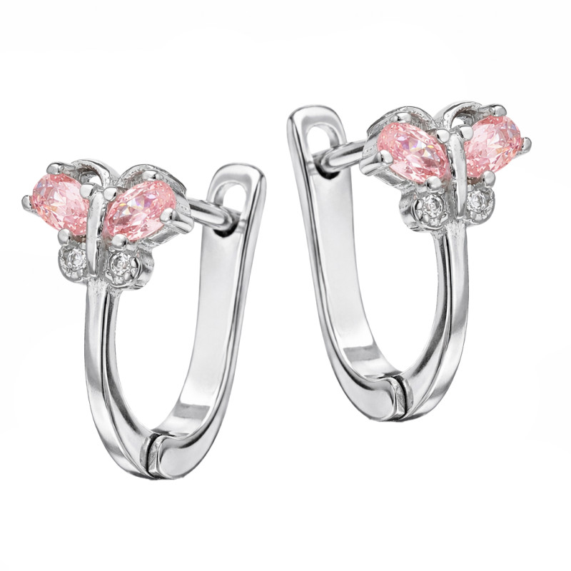 Kolczyki dla dziewczynki motylki z cyrkonią białą i jasno różową, srebro 925