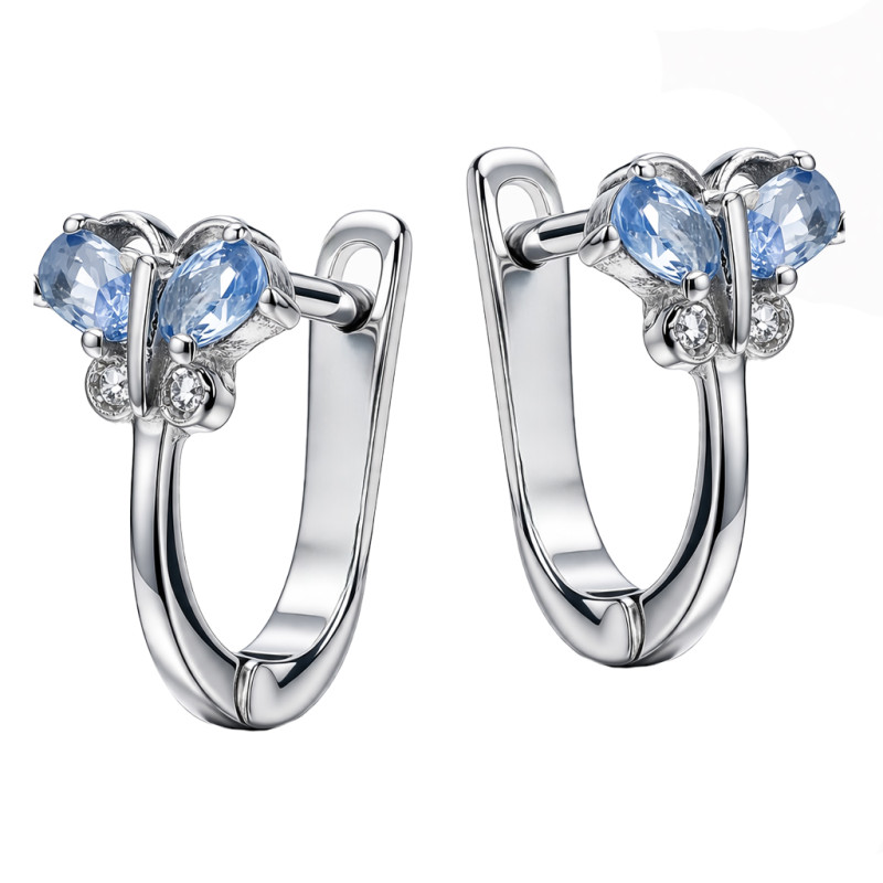 Kolczyki dla dziewczynki motylki z cyrkonią białą i jasno niebieską, srebro 925