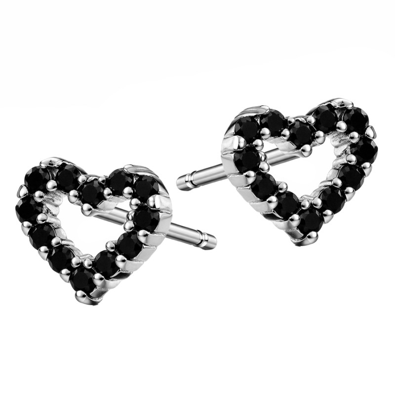 Kolczyki serca z czarną cyrkonią, srebro 925