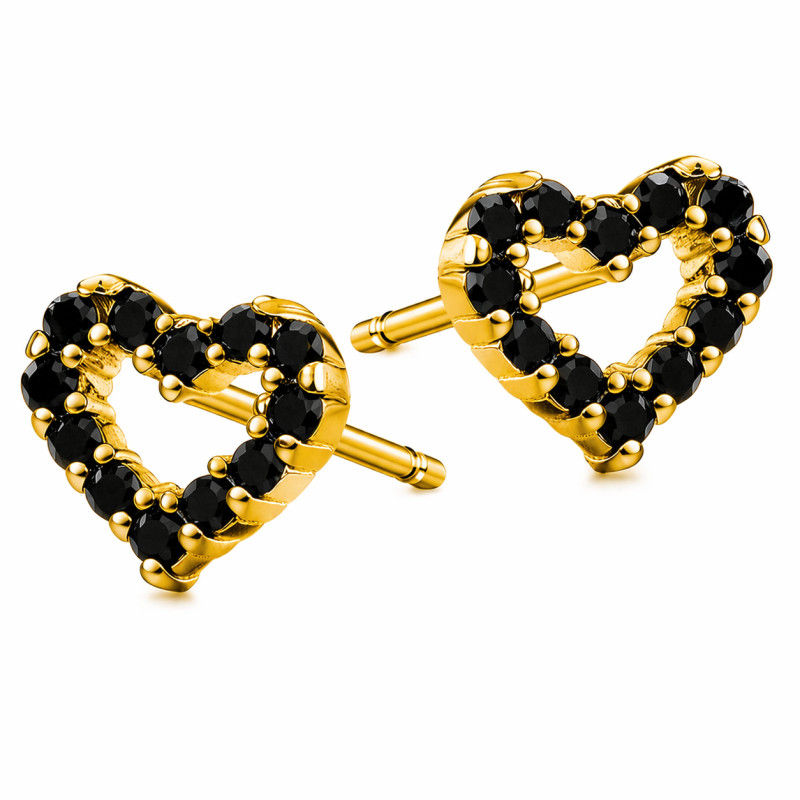 Kolczyki serca z czarnymi cyrkoniami, srebro 925 koloru złotego