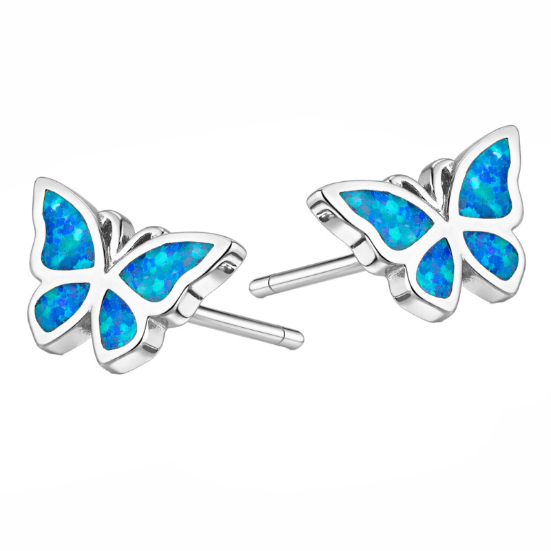Kolczyki srebrne motylki z opalem niebieskim jubilerskim, próba 925