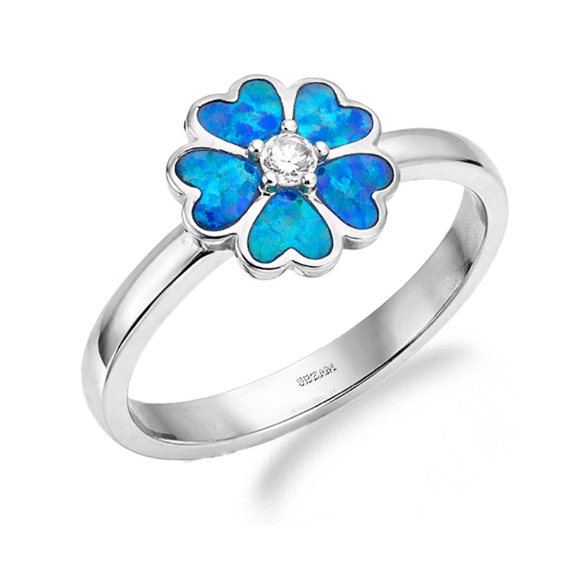 Pierścionek srebrny kwiatek z opalem jubilerskim niebieskim, próba 925