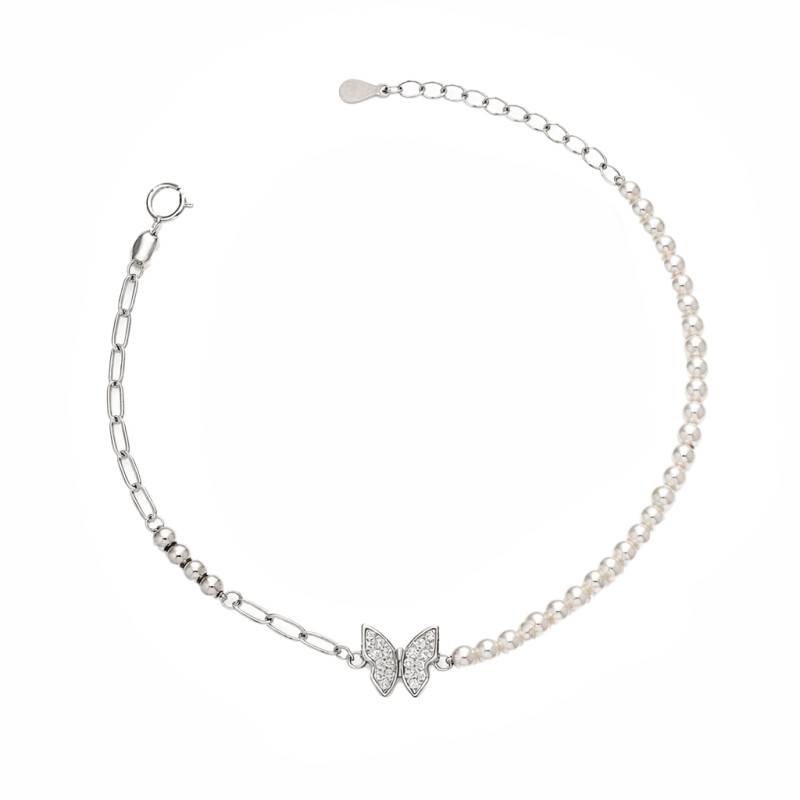 Bransoletka srebrna motyl z cyrkoniami i perełkami jubilerskimi, srebro 925
