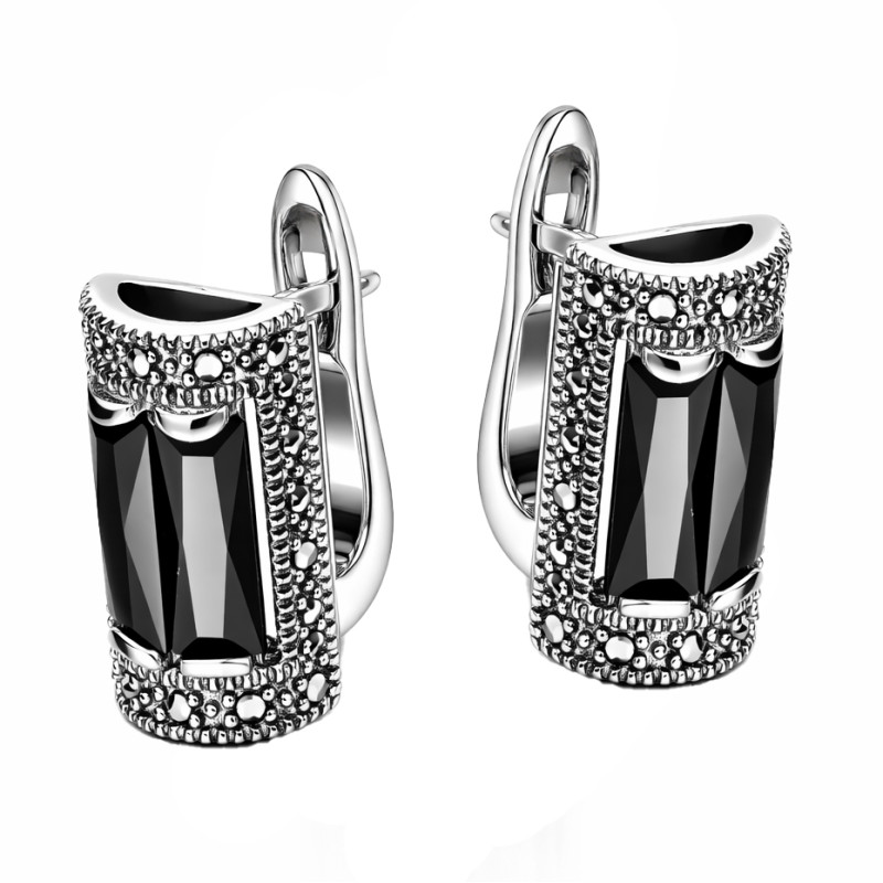 Kolczyki srebrne 925 oksydowane z onyksem i markazytami