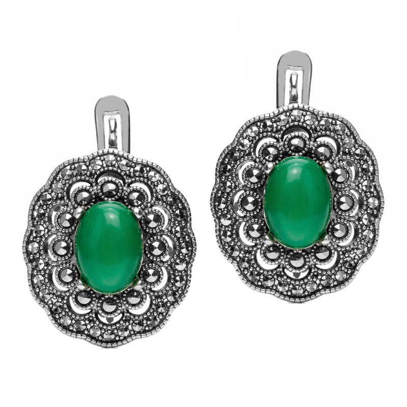 Kolczyki srebrne 925 oksydowane z chryzoprazem i markazytami