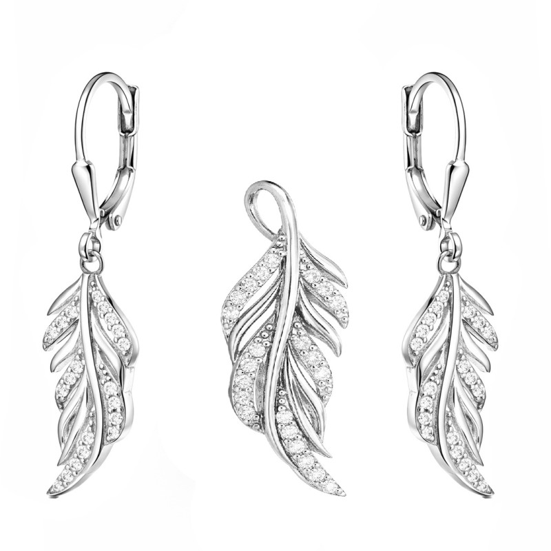 Komplet biżuterii kolczyki i wisiorek w formie liścia z cyrkoniami, srebro 925