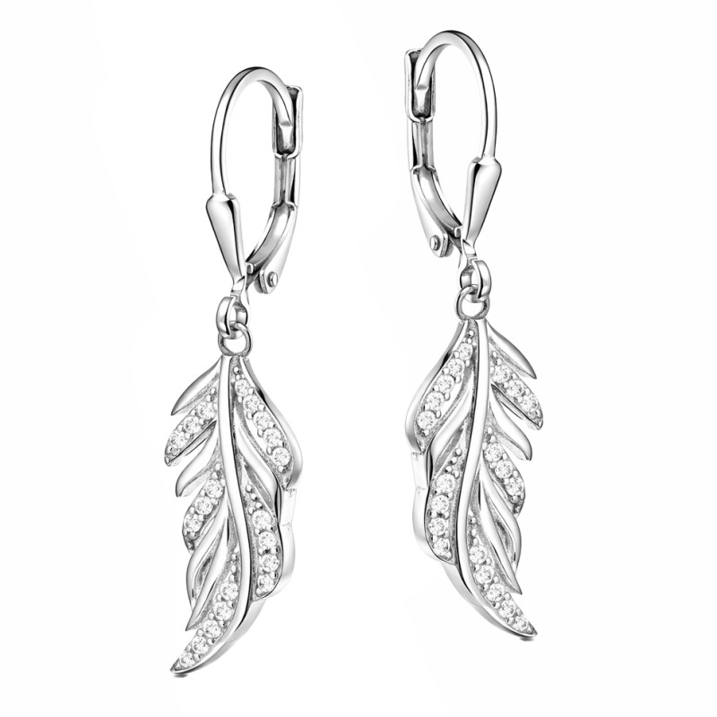 Komplet biżuterii kolczyki i wisiorek w formie liścia z cyrkoniami, srebro 925