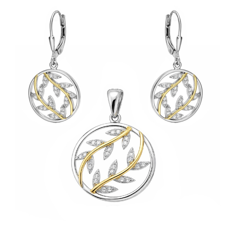 Komplet biżuterii kolczyki i wisiorek z gałązkami i cyrkoniami, srebro 925