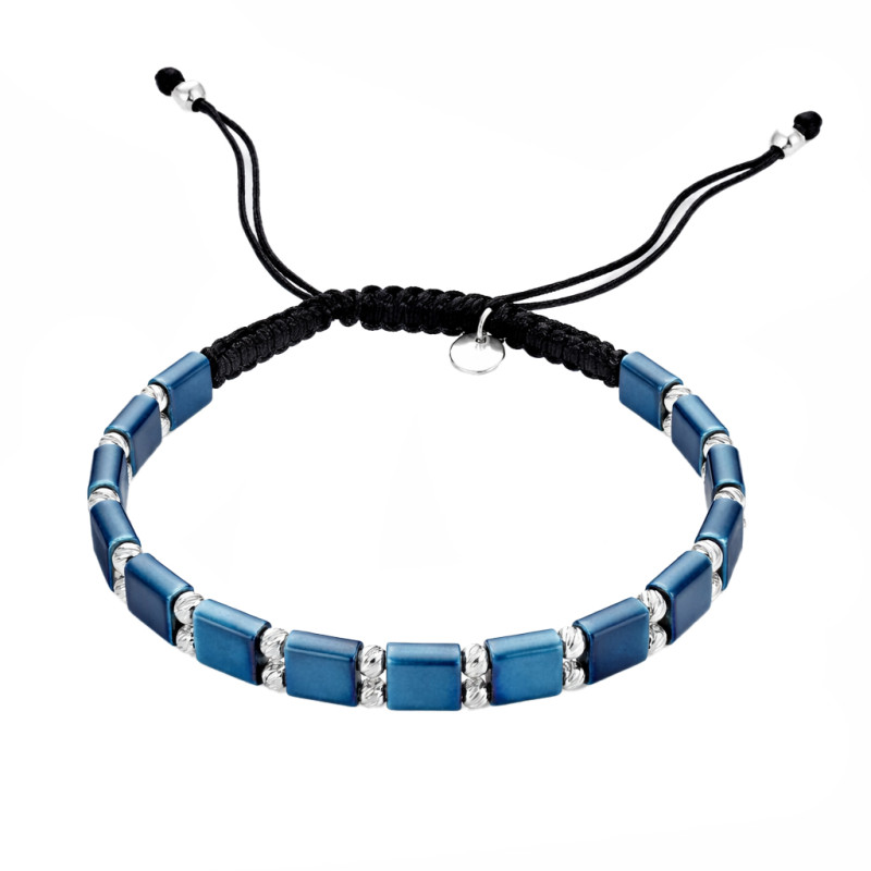 Bransoletka sznurkowa z hematytem niebieskim, diamentowane kulki srebro 925