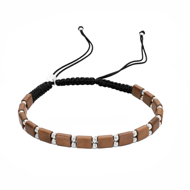 Bransoletka sznurkowa z hematytem brązowym, diamentowane kulki srebro 925