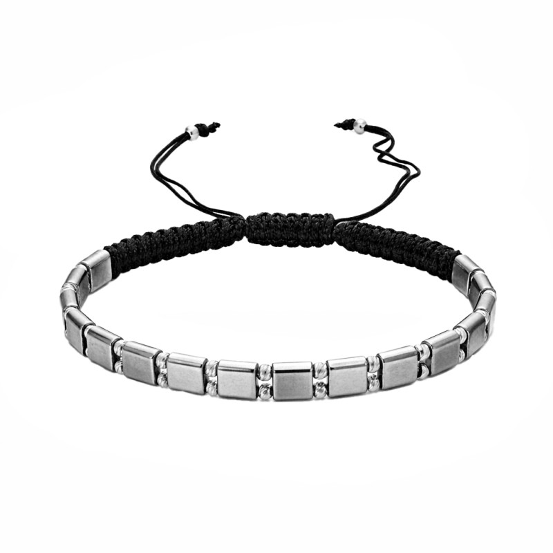 Bransoletka sznurkowa z hematytem grafitowym, diamentowane kulki srebro 925