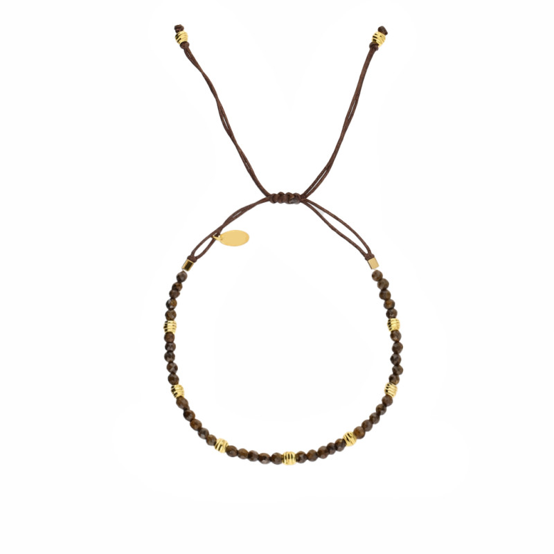 Bransoletka sznurkowa z kulkami bronzytu i srebrnymi elementami 925 koloru złotego