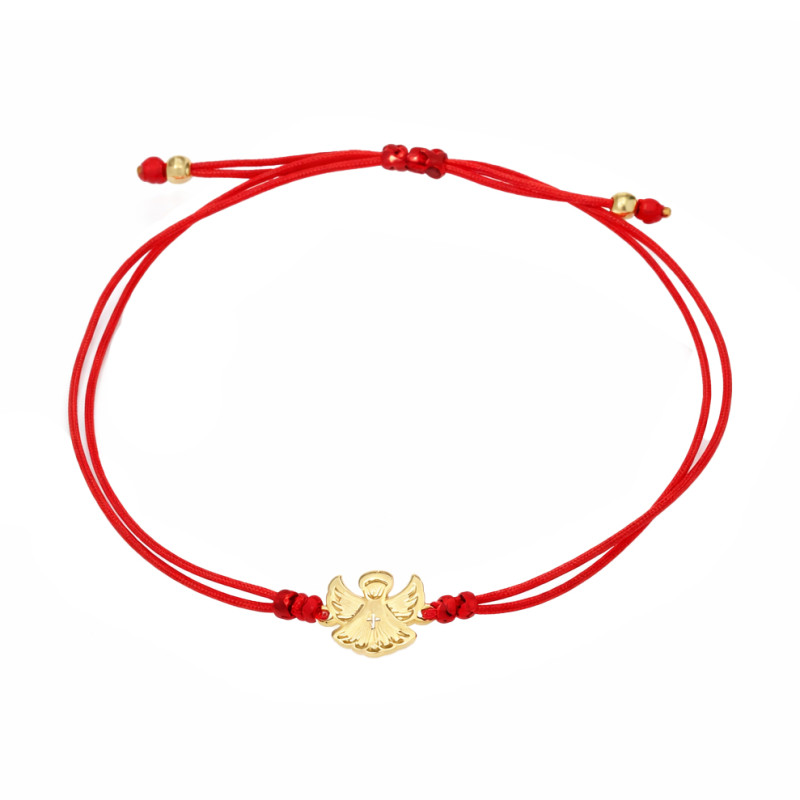 Bransoletka sznurkowa koloru czerwonego ze złotym aniołkiem próby 585