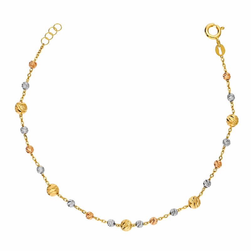 Bransoletka złota trzy kolory z diamentowanymi kulkami, próba 585
