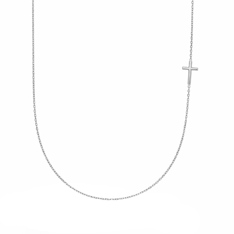 Naszyjnik z krzyżem bokiem z białego złota 585