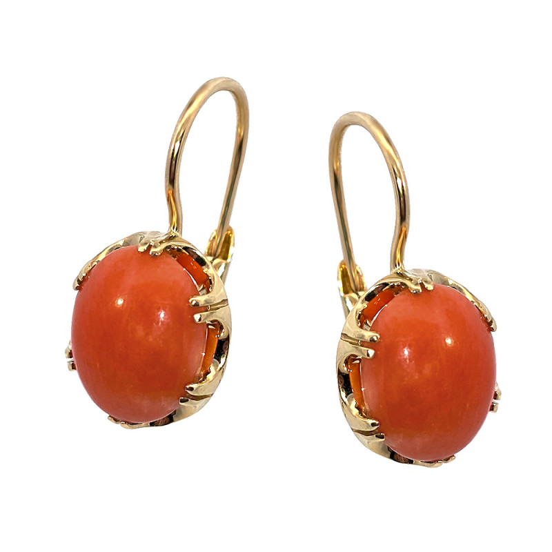 Kolczyki złote z owalnym koralem, złoto 585