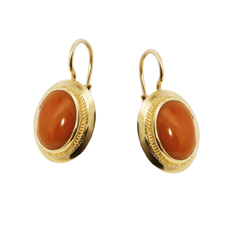 Kolczyki złote owalne z koralem, próba 585