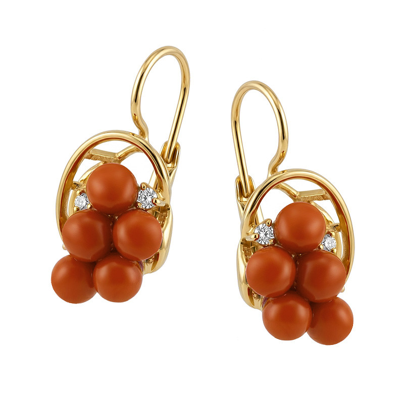 Kolczyki złote z koralami i cyrkoniami, próba 585