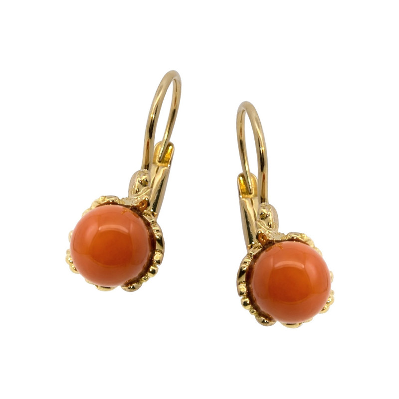Kolczyki złote z koralem kulką, próba 585