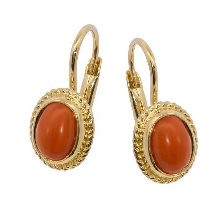 Kolczyki złote z owalnym koralem, próba 585