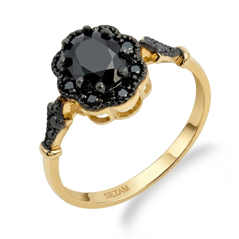 Pierścionek złoty Markiza owal z czarnymi cyrkoniami, próba 585