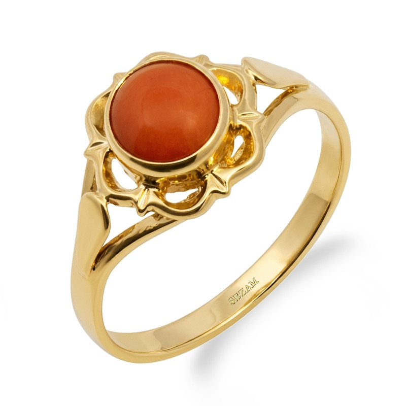 Pierścionek złoty góralski z koralem, próba 585