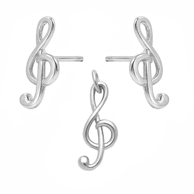 Komplet biżuterii kolczyki i zawieszka z kluczem wiolinowym, srebro 925