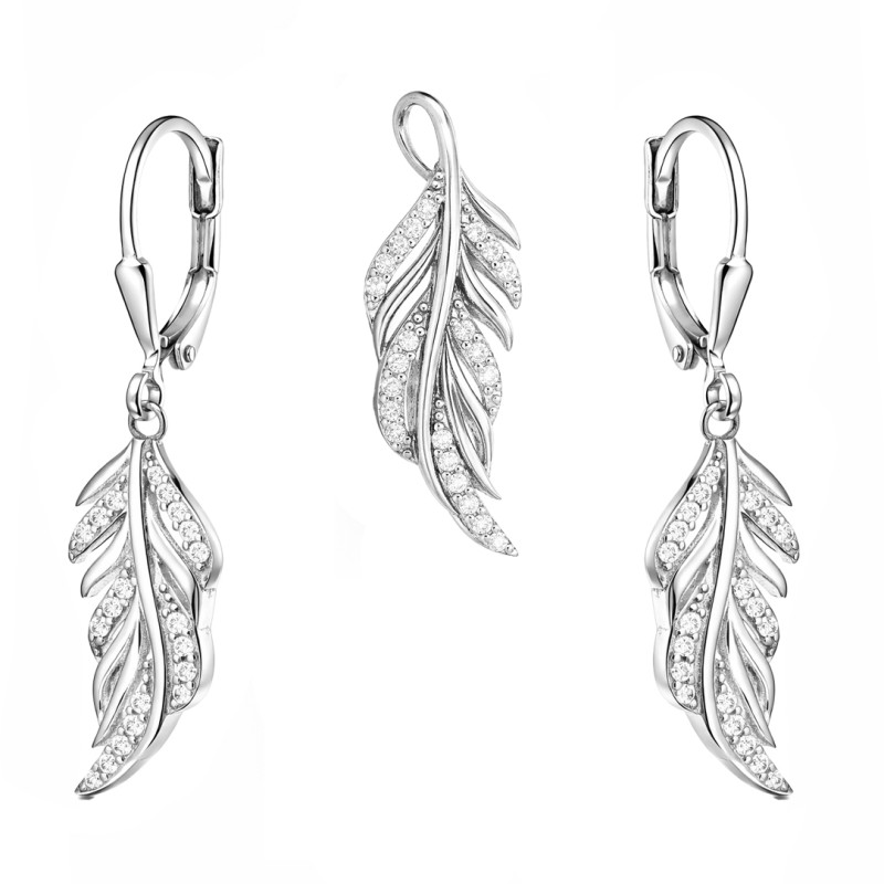 Komplet biżuterii kolczyki i wisiorek w formie liścia z cyrkoniami, srebro 925