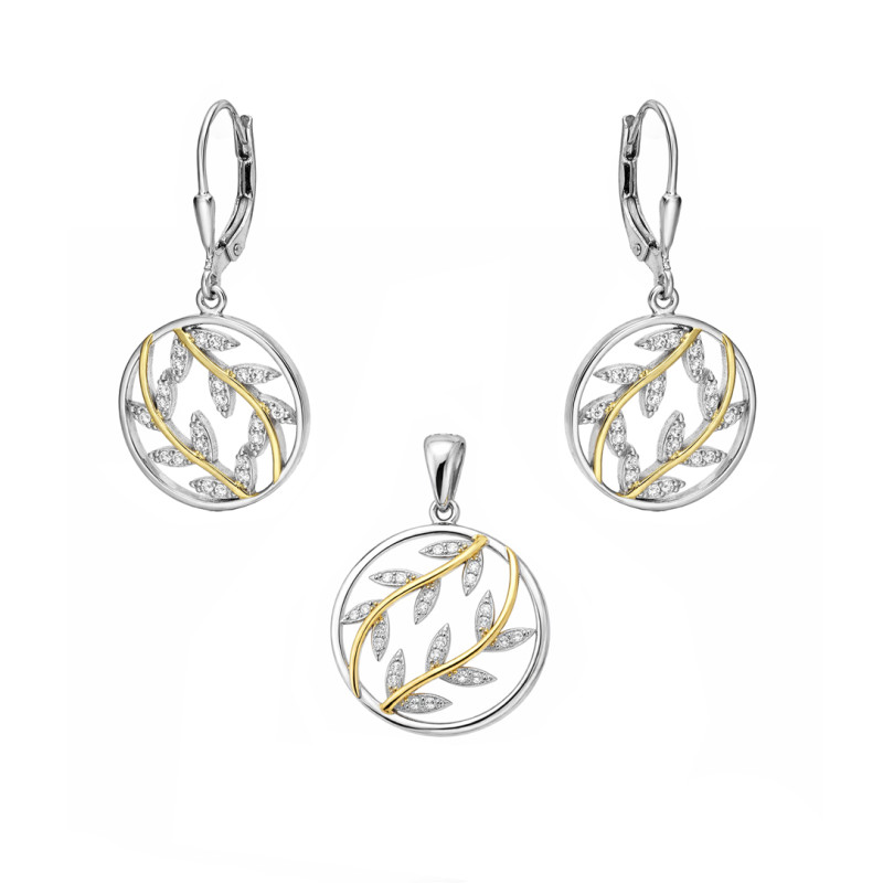 Komplet biżuterii kolczyki i wisiorek z gałązkami i cyrkoniami, srebro 925
