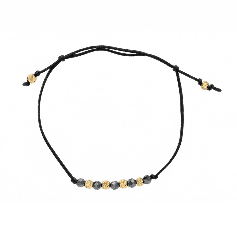 Bransoletka czarna sznurkowa z czarnymi kulkami faset i kulkami ze złota 375