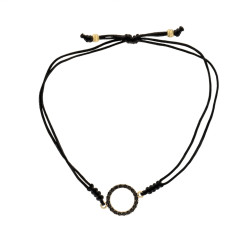 Bransoletka sznurkowa czarna ze złotą oponką 375 z czarnymi cyrkoniami