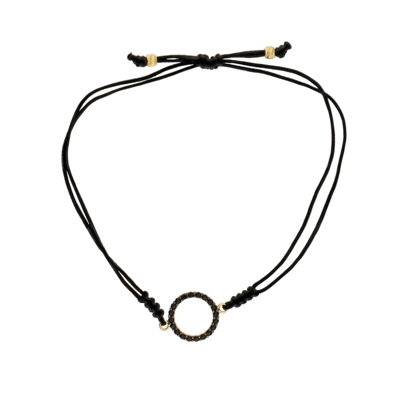 Bransoletka sznurkowa czarna ze złotą oponką 375 z czarnymi cyrkoniami