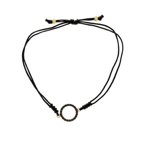 Bransoletka sznurkowa czarna ze złotą oponką 375 z czarnymi cyrkoniami