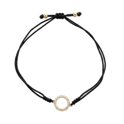 Bransoletka sznurkowa czarna z oponką ze złota 375 z cyrkoniami