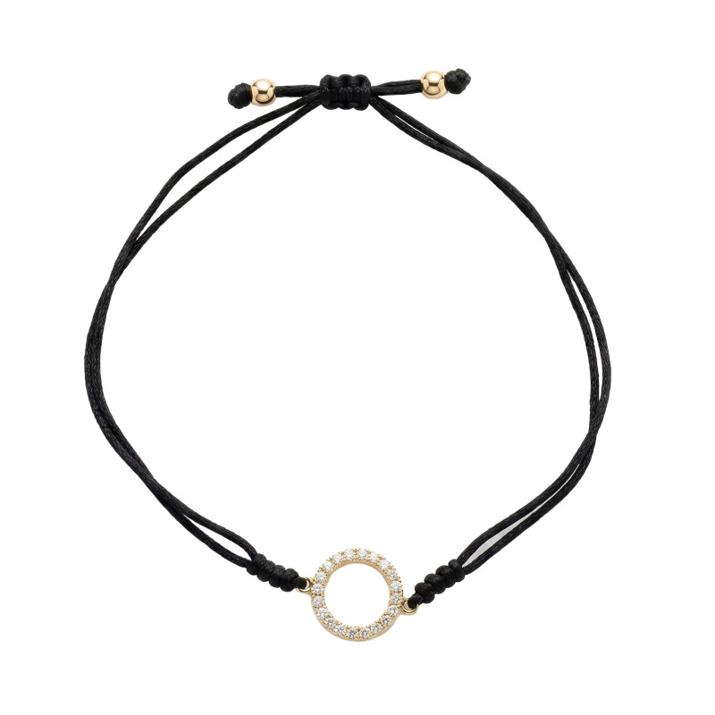 Bransoletka sznurkowa czarna z oponką ze złota 375 z cyrkoniami