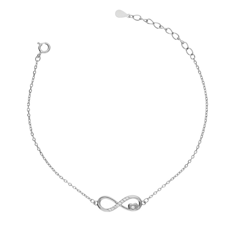Bransoleta srebrna celebrytka infinity z sercem i cyrkoniami