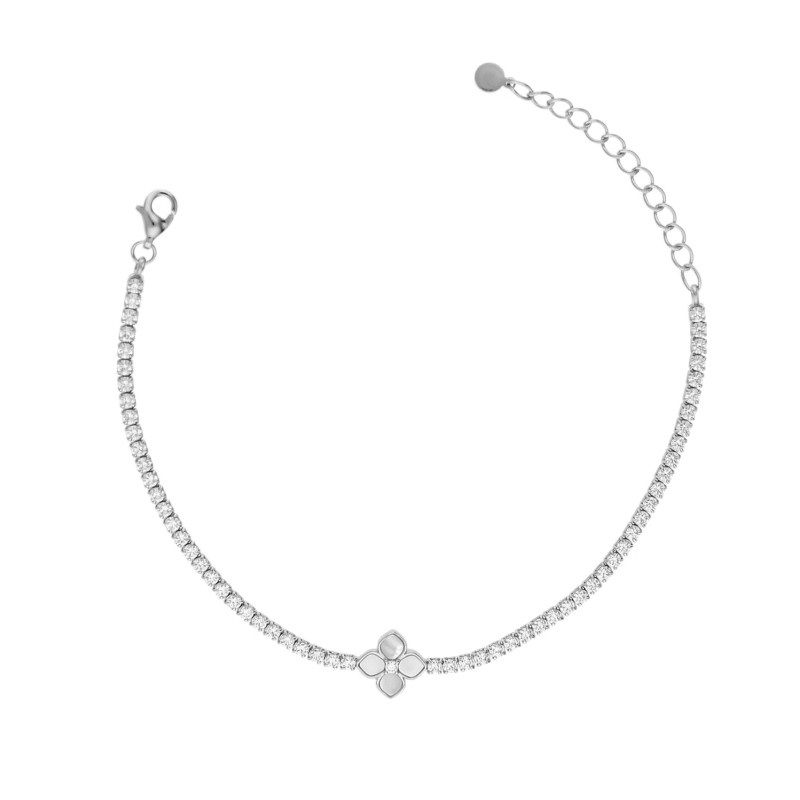 Bransoletka srebrna z cyrkoniami tennis i kwiatkiem z masy perłowej, próba 925