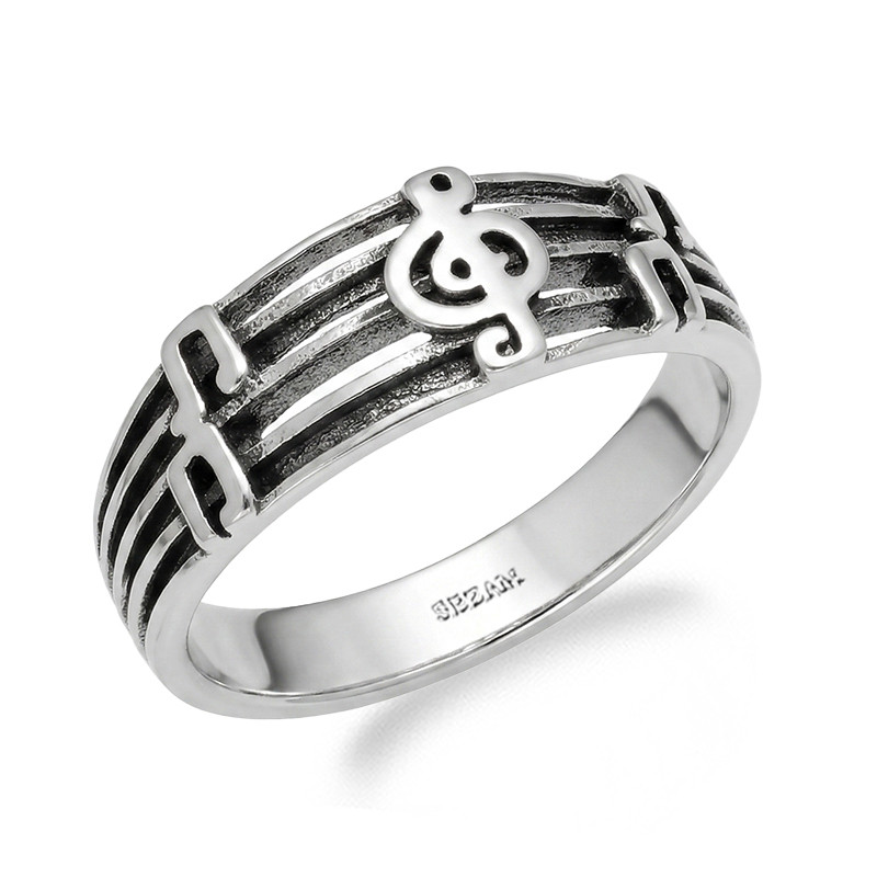 Pierścionek klucz wiolinowy i nuty na pięciolinii, srebro 925