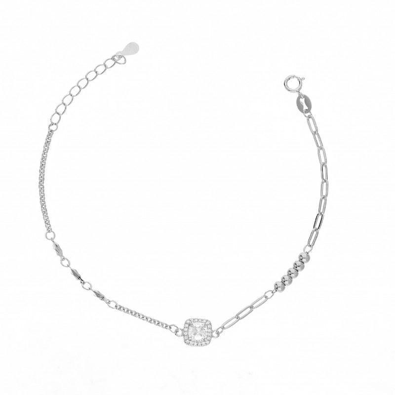 Bransoletka srebra markiza kwadrat z kulkami gładkimi i łańcuszkiem anker, srebro 925