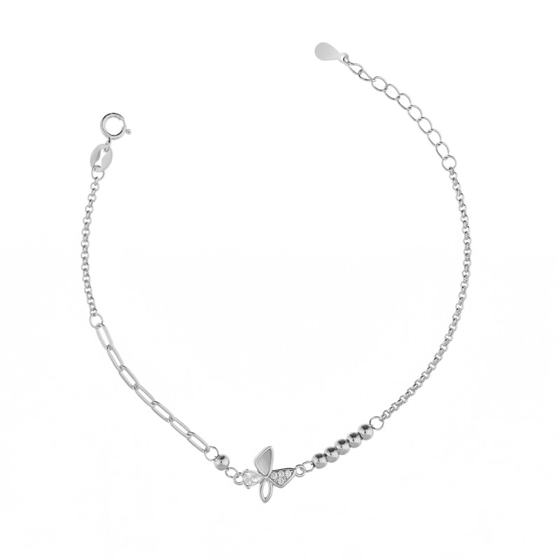 Bransoletka srebrna z motylem z cyrkoniami i masą perłową, srebro 925