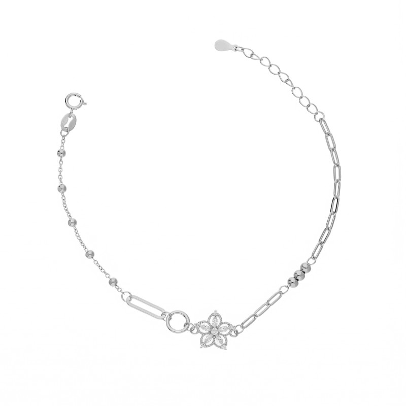 Bransoletka serebrna z kwiatkiem z cyrkonii i łańcuszkiem anker, srebro 925