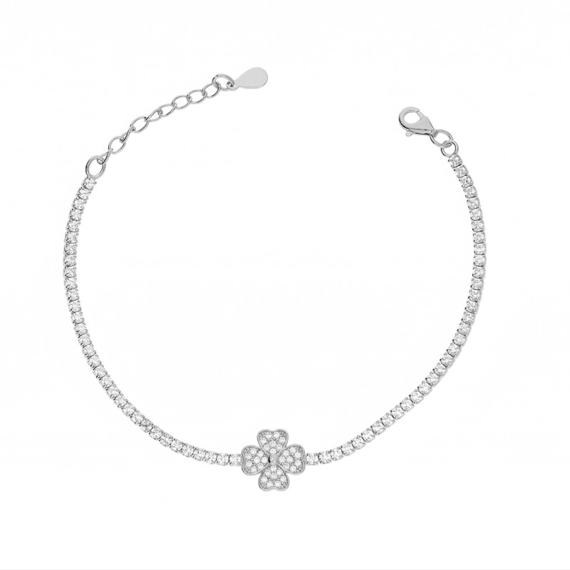 Bransoletka tennis z cyrkoniami koniczynką, srebro 925