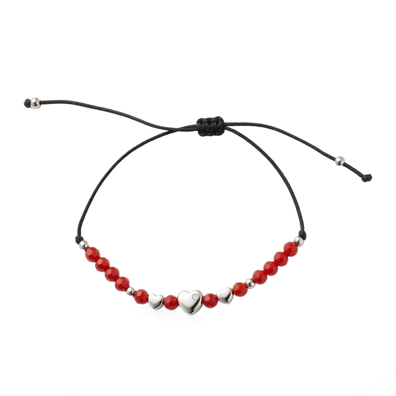 Bransoletka sznurkowa czarna z czerwnonymi koralikami i srebrnymi sercami próby 925