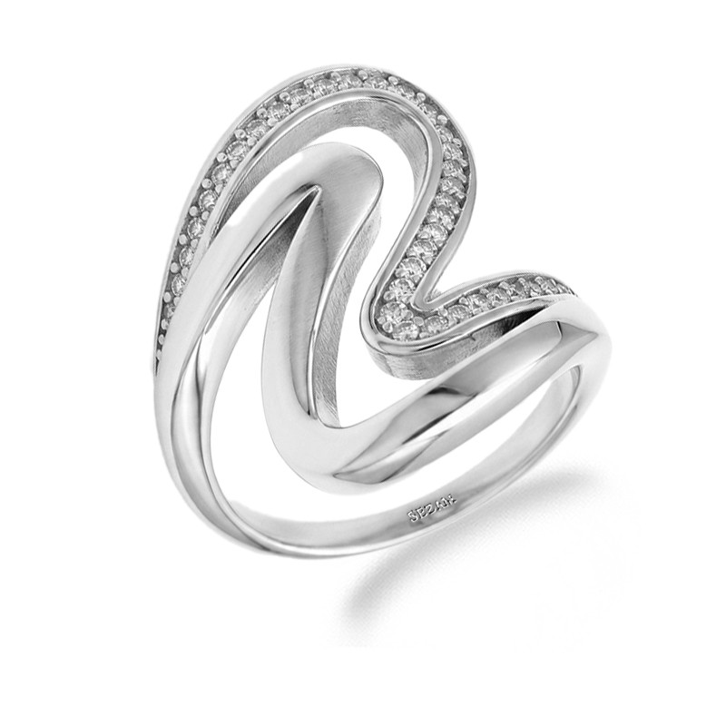 Pierścionek srebrny gładka fala i fala z cyrkoniami, próba 925