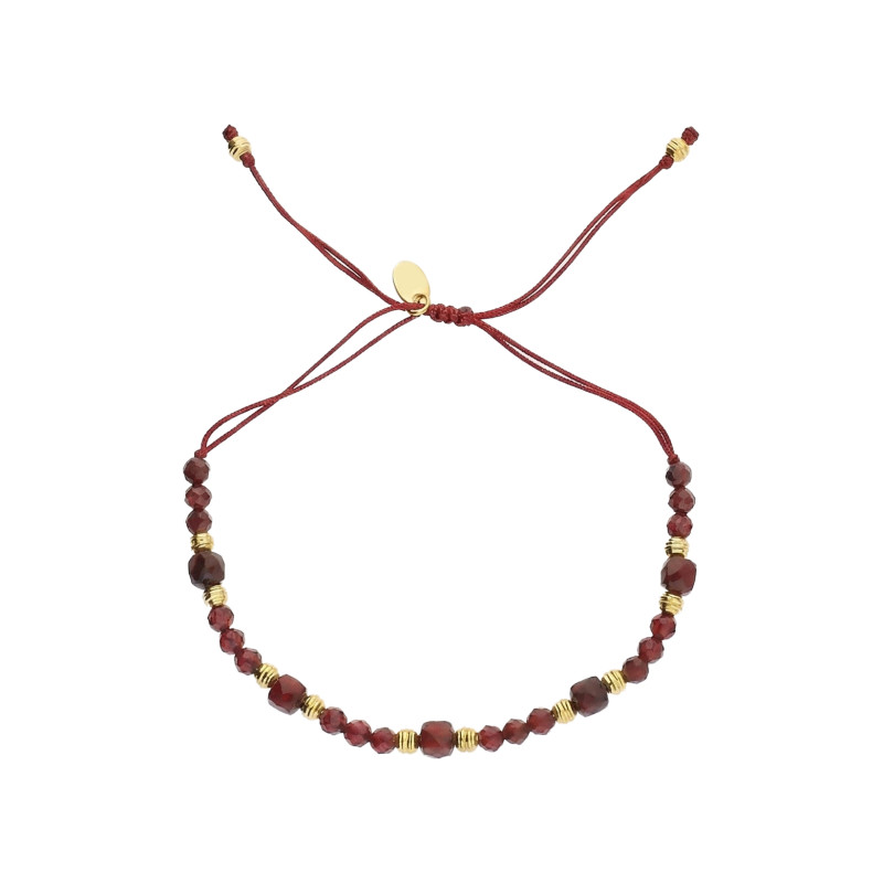 Bransoletka sznurkowa z fasetowanymi granatami i elementami ze srebra 925 koloru złotego