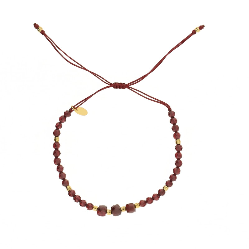 Bransoletka sznurkowa z fasetowanymi granatami i elementami ze srebra 925 koloru złotego