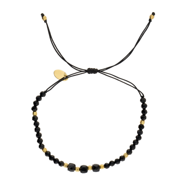 Bransoletka sznurkowa z czarnymi spinelami i elementami ze srebra 925 koloru złotego