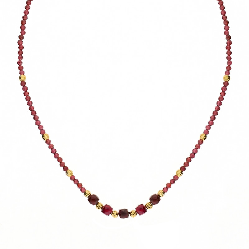 Naszyjnik z fasetowanymi granatami i srebrnymi elementami próby 925 koloru złotego