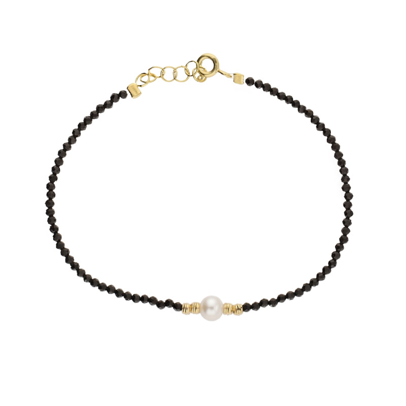 Bransoletka złota z czarnymi spinelami i perłą, próba 585
